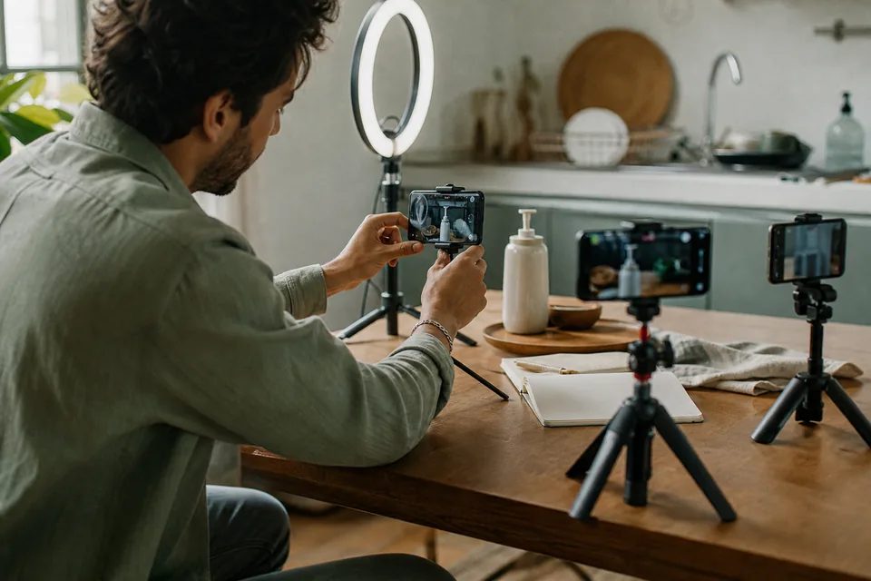 A creator at a kitchen table films with three phones on tripods and a ring light, a pump bottle and a notebook in front