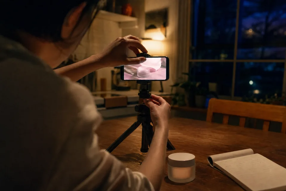 Hands tighten a phone into a tabletop tripod clamp on a kitchen table, a small cosmetics jar and a notebook with a shot list in front, evening lamp light