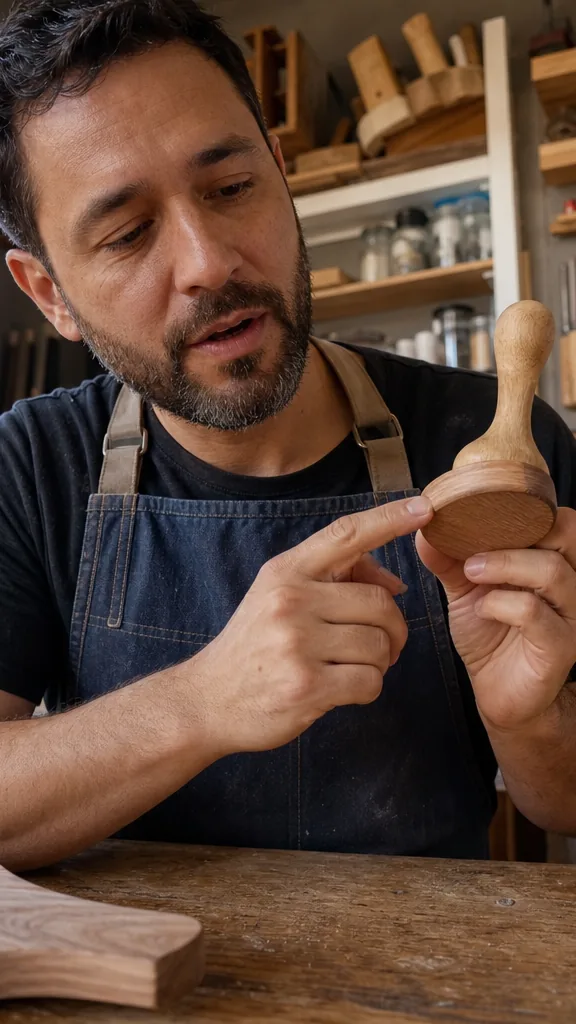 Vertical phone frame, a man at a workshop bench shows a small wooden gadget to the camera, phone on a clamp, shelves of tools behind him