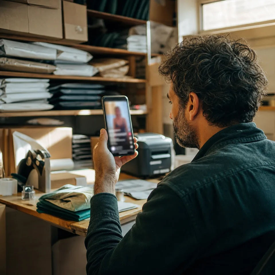 A brand owner watches a finished vertical video on a phone at a stockroom desk