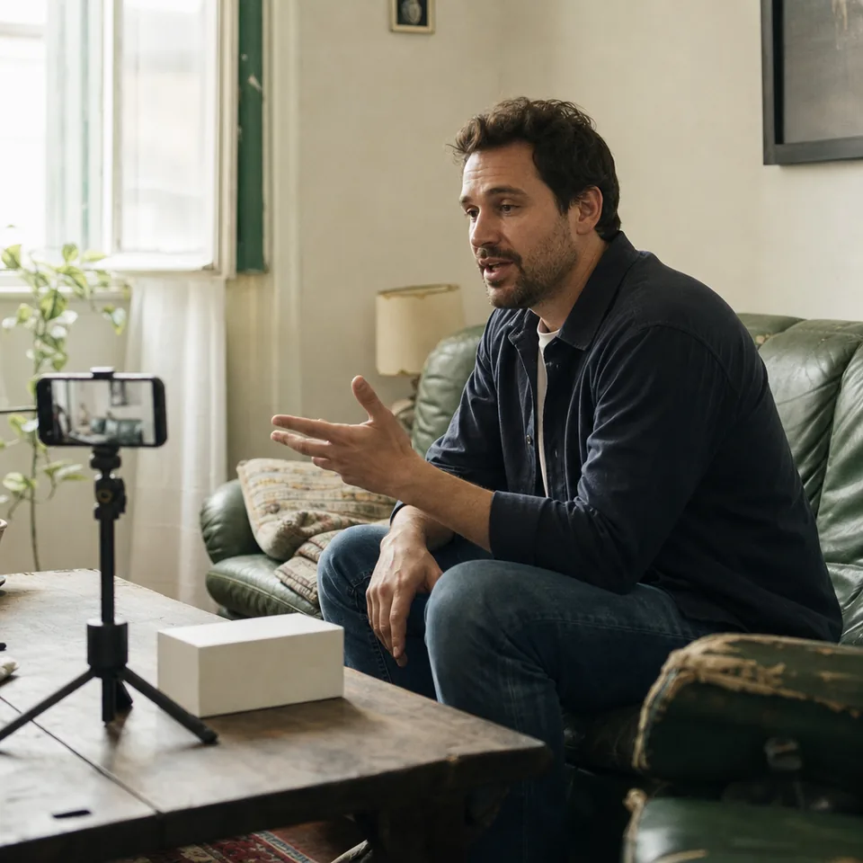 A man on a sofa talks to a phone mounted on a small tripod in his living room