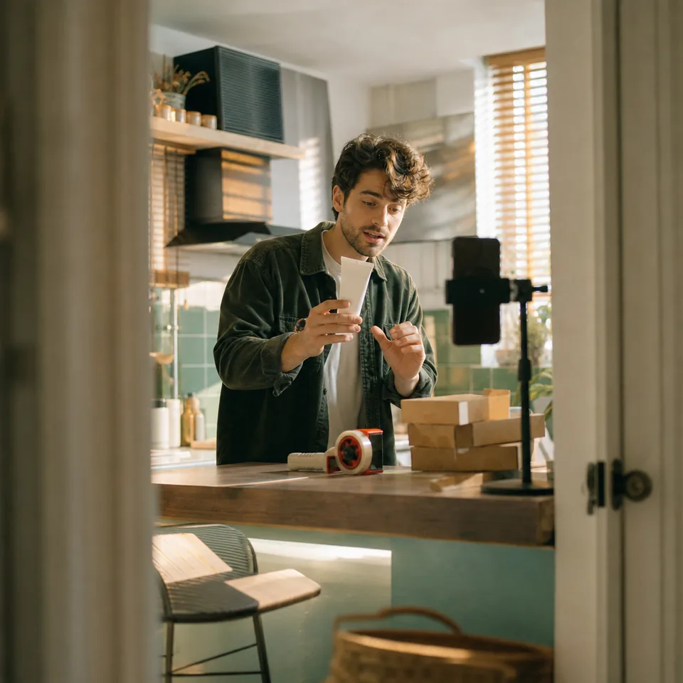 A creator holds a product up to a phone camera at a kitchen counter with parcel boxes stacked beside