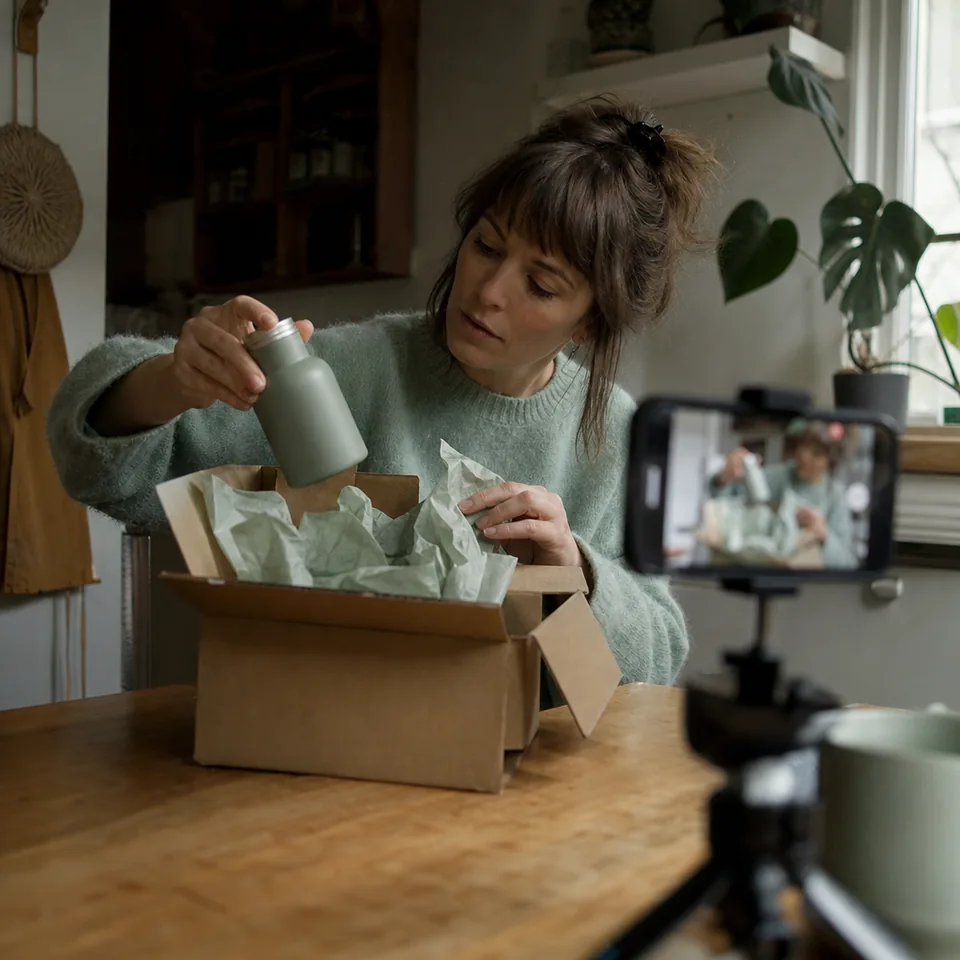 Hands lifting a product out of a kraft box with tissue paper, phone on a tripod recording in the foreground
