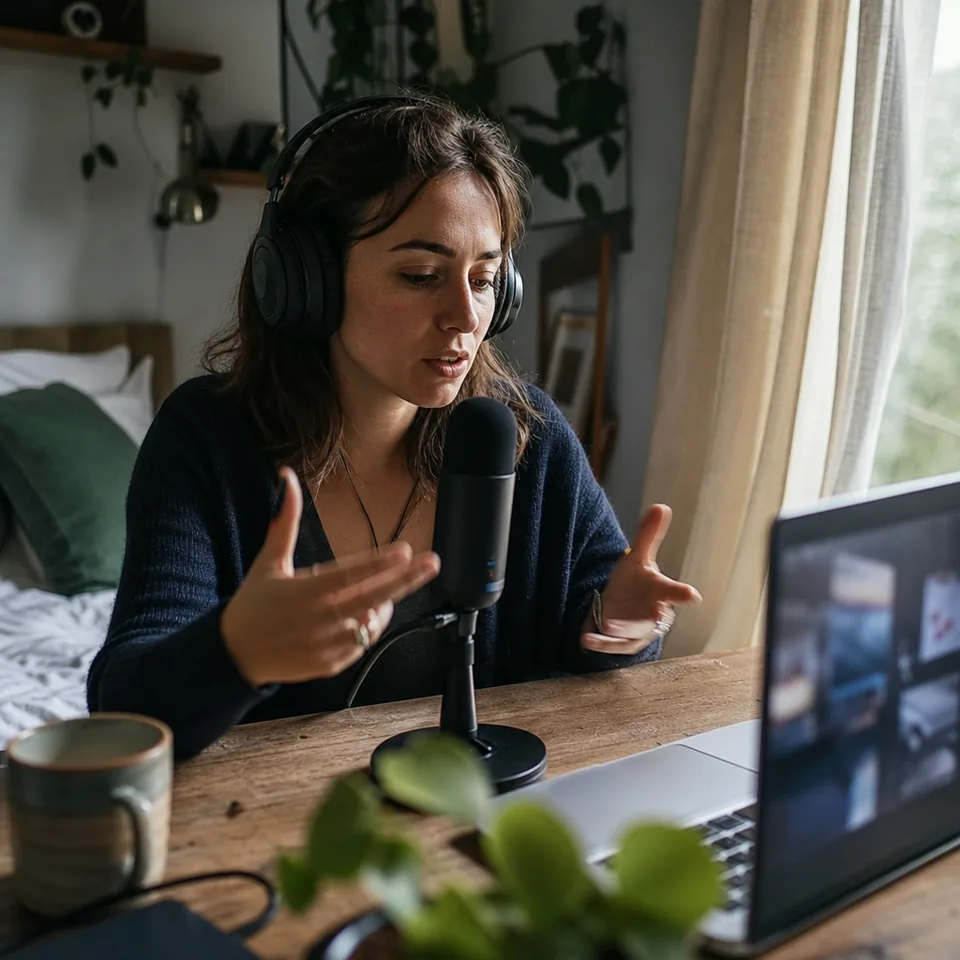 A creator with headphones records a voiceover into a small microphone next to a laptop