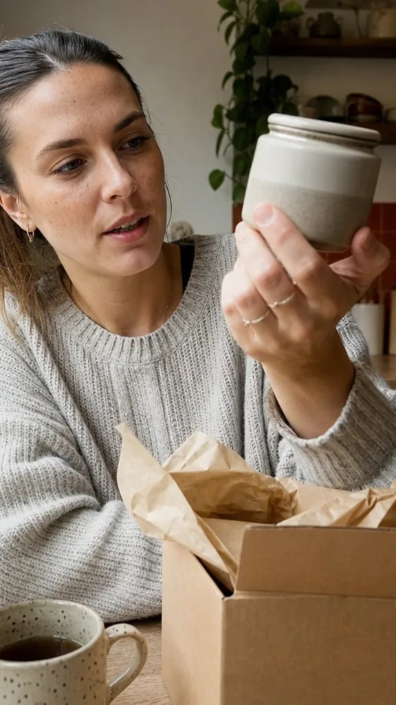 Vertical phone frame, a creator in a knitted sweater holds a small ceramic jar up to the phone camera at a kitchen table, parcel box open beside her