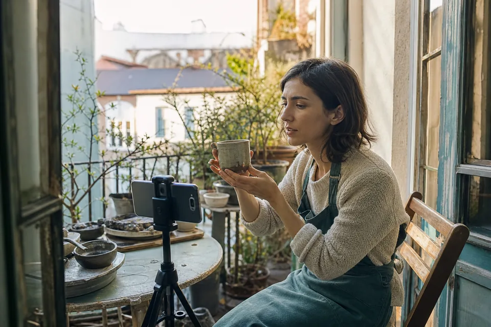 A creator unpacks a parcel on a living room floor, holding the product toward a phone on a tripod