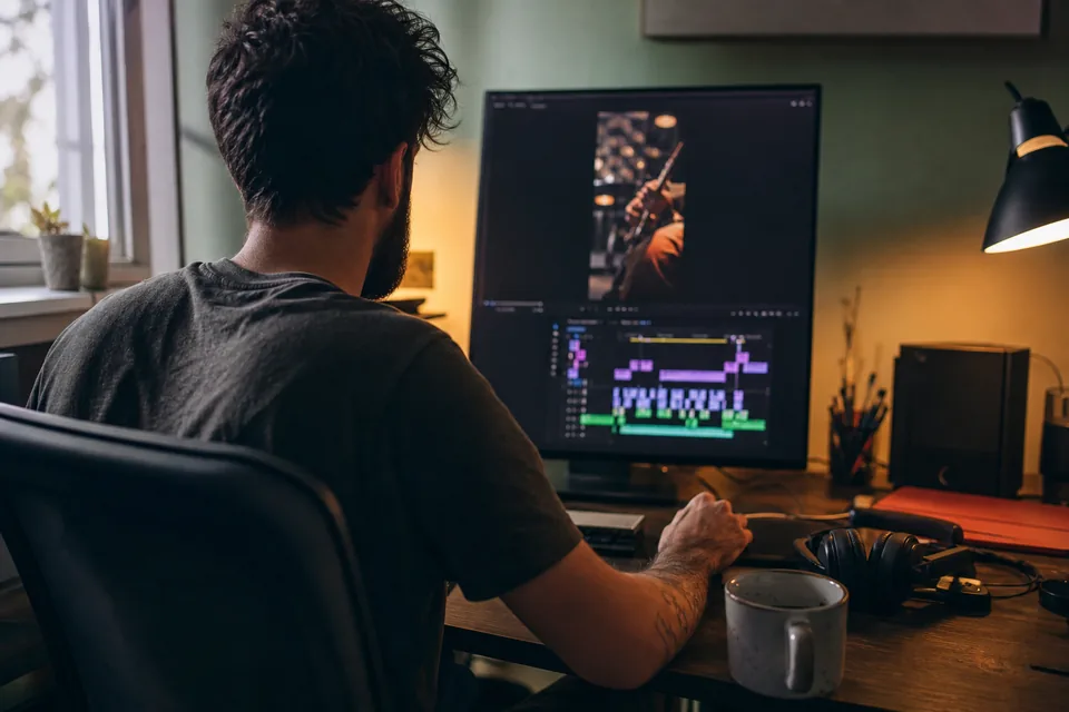 An editor trims a vertical ad on a monitor in a small editing room, headphones on the desk