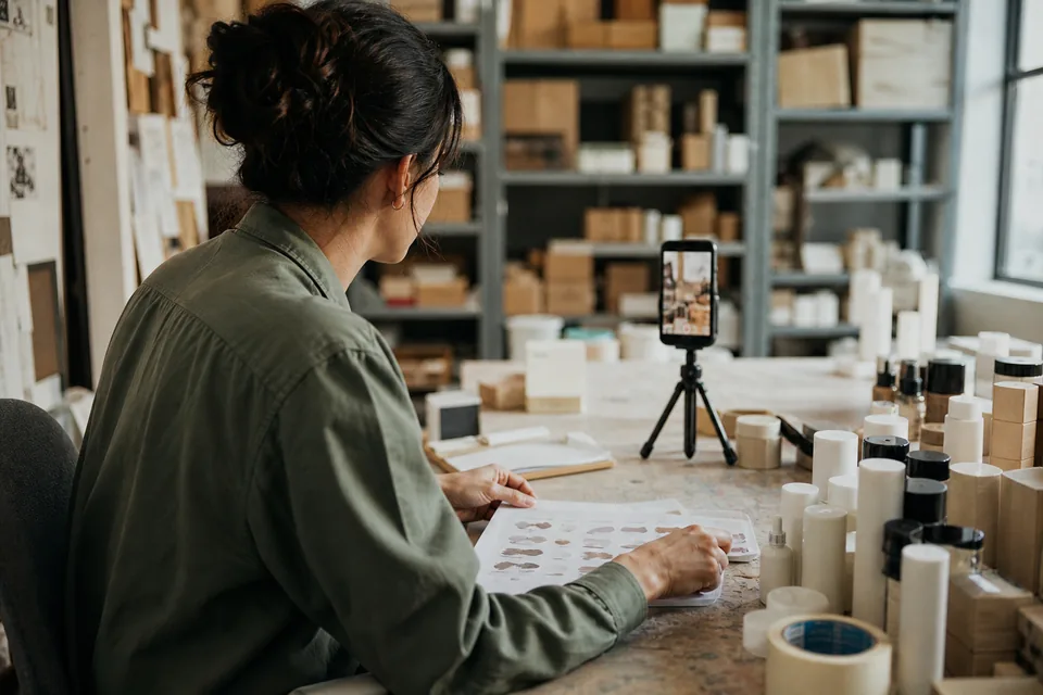 A small creative team reviews vertical creator videos on a large monitor in a bright studio office