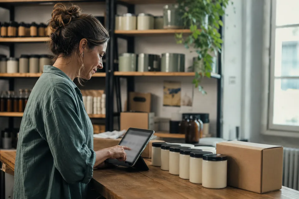 A brand marketer fills in a video brief on a tablet at a stockroom bench with product samples lined up