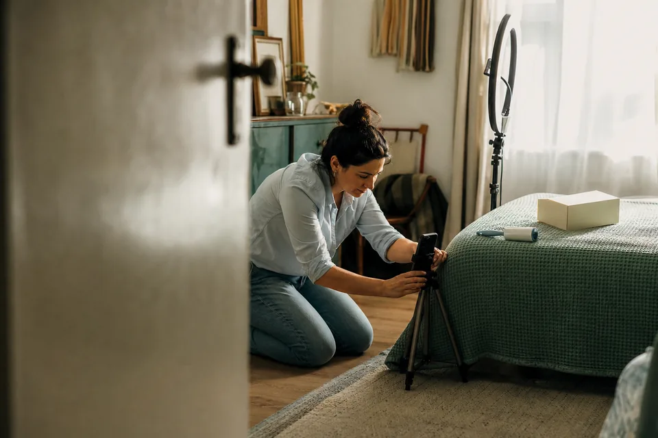 A creator sets up a phone on a tripod and a ring light in a sunlit bedroom before filming