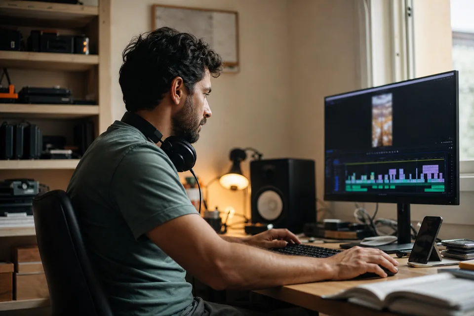 An editor works on a vertical video timeline on a monitor in a small studio